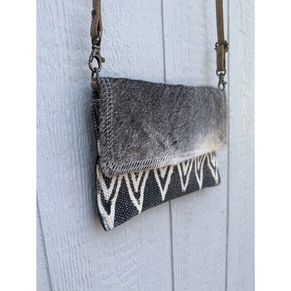 new MYRA BAG leather cowhide calf hair gray white cotton crossbody purse bag - Picture 3 of 8
